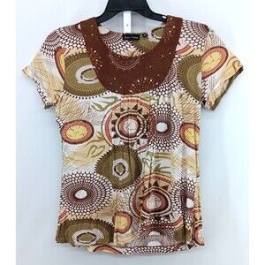 Dana Taylor Shirt Womens Small Brown Geometric Sequin Round Neck Short Sleeve